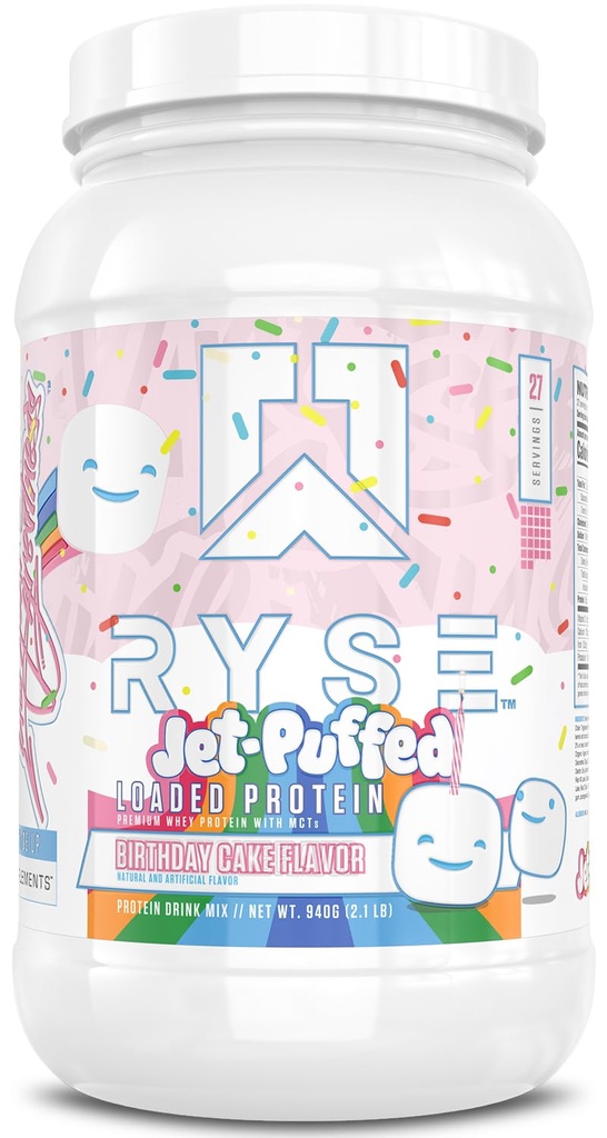 RYSE naložen beljakovinski prašek - Jet-Puffed Rojstni dan Torta - 25g sirotkinih beljakovin izolat & koncentrat s prebiotičnimi vlakni & MCT - Nizki ogljikovi hidrati, nizek sladkor, prebavni-prijazno - 27 Servisi / 2 lb Tub