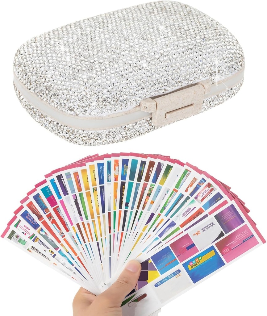 Organizator tablete z nalepkami Bling Žepna tableta Primer z Nalepke Travel Medicine Kit imetnik Majhne zapornice Tablete Box Container Prenosni Mini Medication shranjevanje (White & 300 etikete)