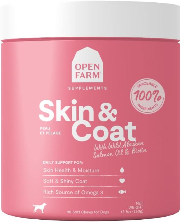 Odprta kmetija Skin & Coat Chews, Dog Supplement, Dog Vitamini, Podpira mehko in svetlejši plašč z uporabo sledljive in vet-odobrenih sestavin, 12.7 oz, 90 Count