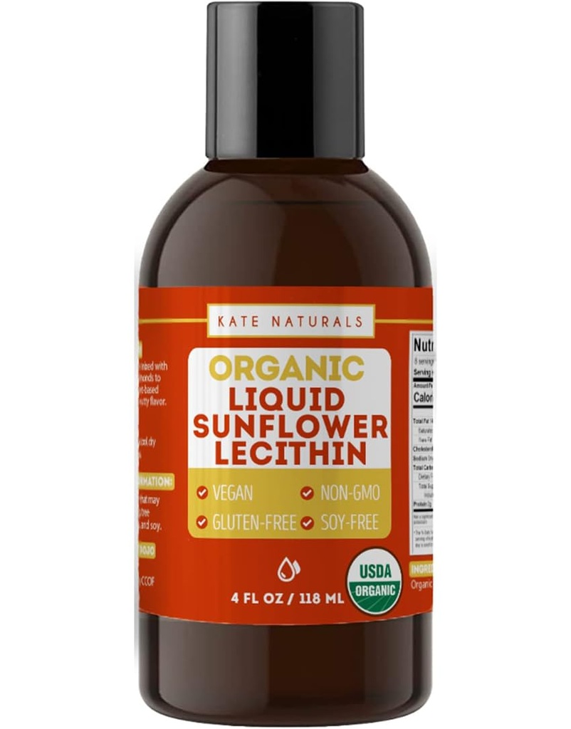 Kate Naturals Sončnica Lecitin Tekočina za kuhanje in peko. Tekoči lecitin za gumije, napitke in dojenje (4oz, organski, veganski, gluten-free)