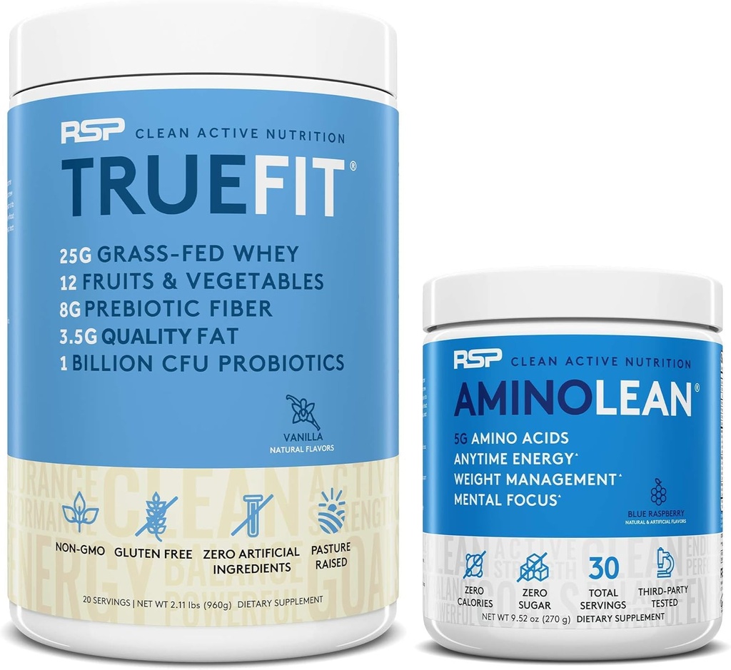 AminoLean Pre Workout Energija (Blue Raspberry 30 Servings) z TrueFit Protein Powder (Vanilla 2 LB)