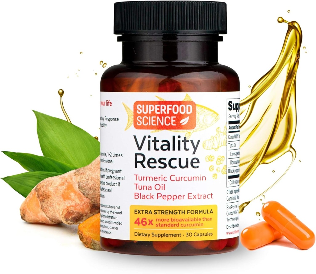 Vitality Rescue, Fish Oil DHA EPA Omega 3 in Turmeric dodatek w/Bioperine, CurcuWin 46X Superior Absorpcija Curcumin za podporo vadbe okrevanje, skupno, mišice, Cardio & Brain zdravje, 30 kapsul