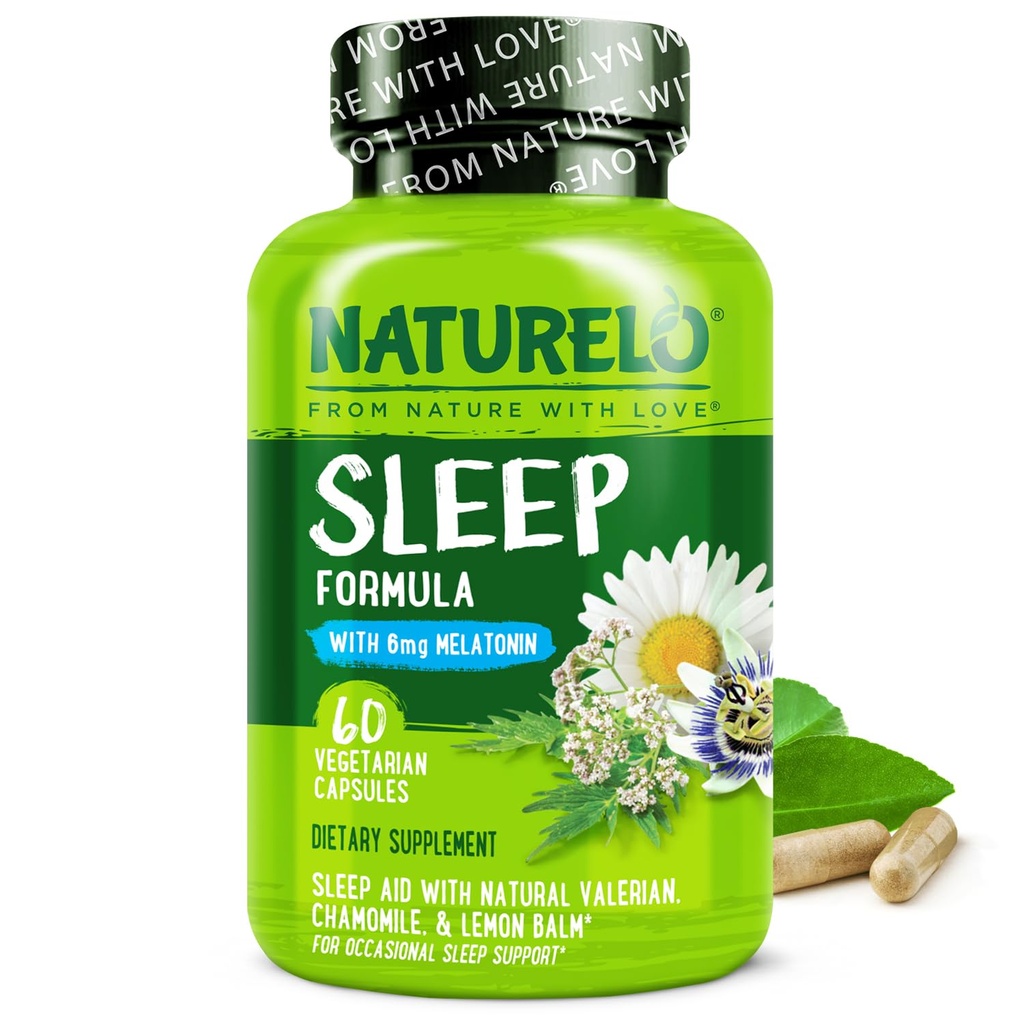 NATURELO Pomoč za spanje - z melatoninom, magnezijem, GABA, Valerian Root, Lemon Balm, zeliščni izvlečki kamilice - na rastlinah temelječi uspavalni pripomoček - 60 veganskih kapsul