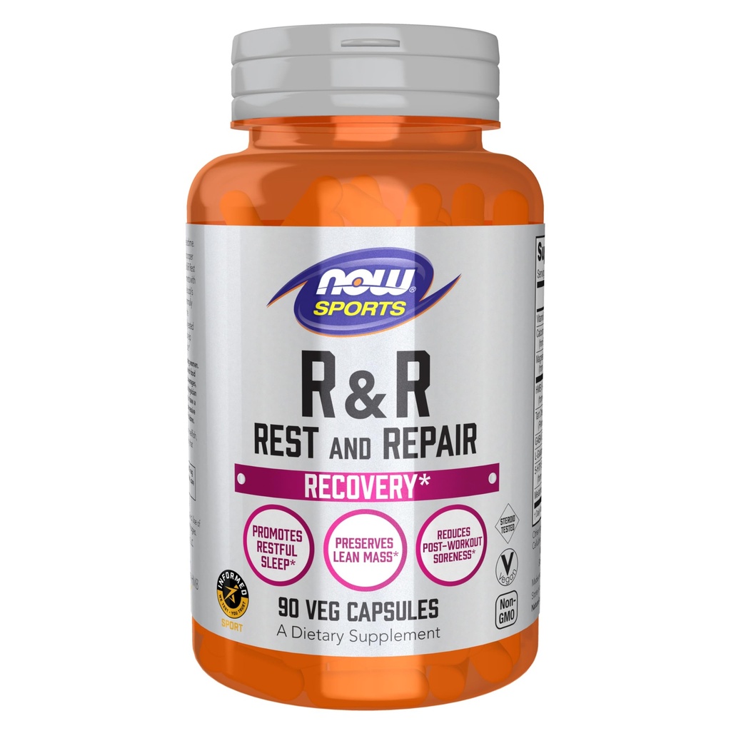 NOW Foods Sports Nutrition, R&R Rest and Repair, Recovery*, Promocija mirnega spanja*, Ohranja leno maso, zmanjšuje občutljivost po treningu*, Vegan, NGMO, 90 Veg kapsule