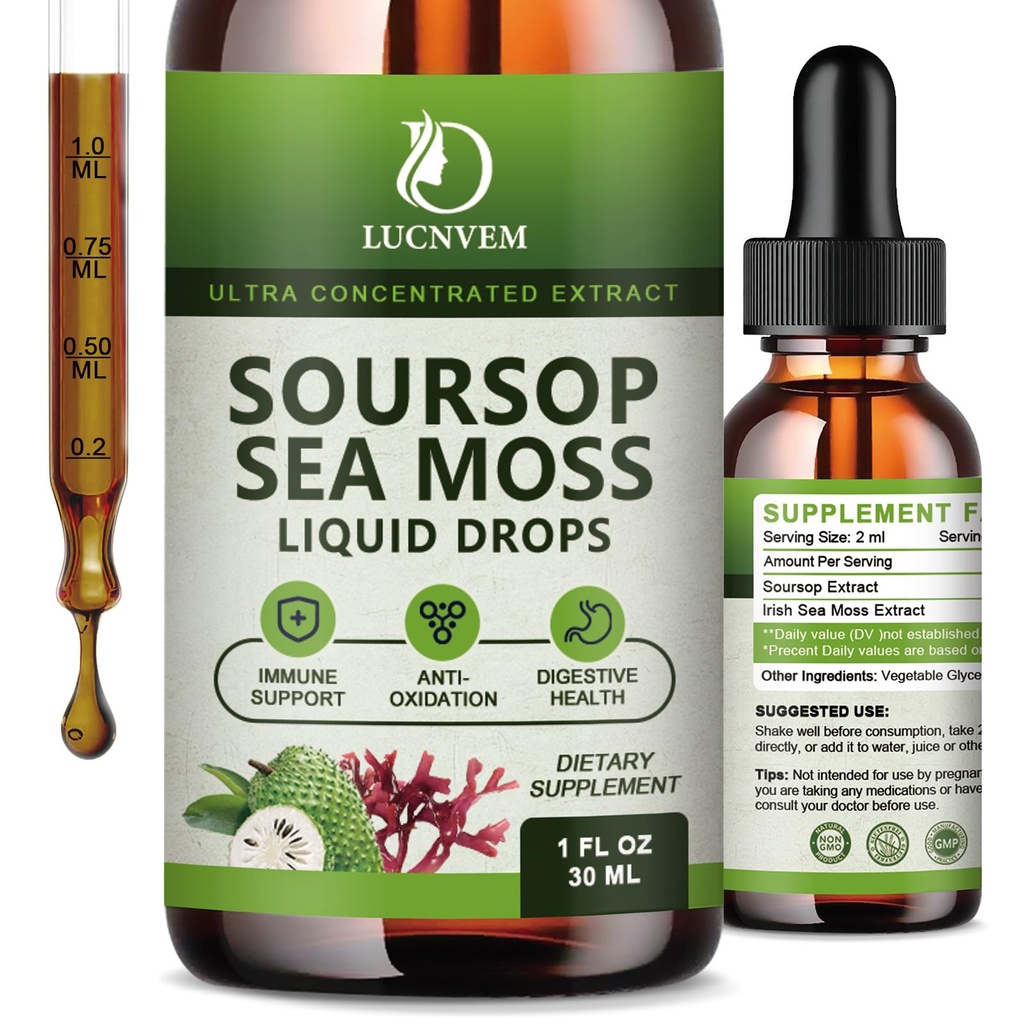 (2 paketa) Organska soursop Graviola s tekočimi kapljicami Sea Moss, Soursop Bitters Tekoči v multivitaminu za naravni antioksidant, imunski boost, podporo celic in regeneracijo, Ananas Flavor