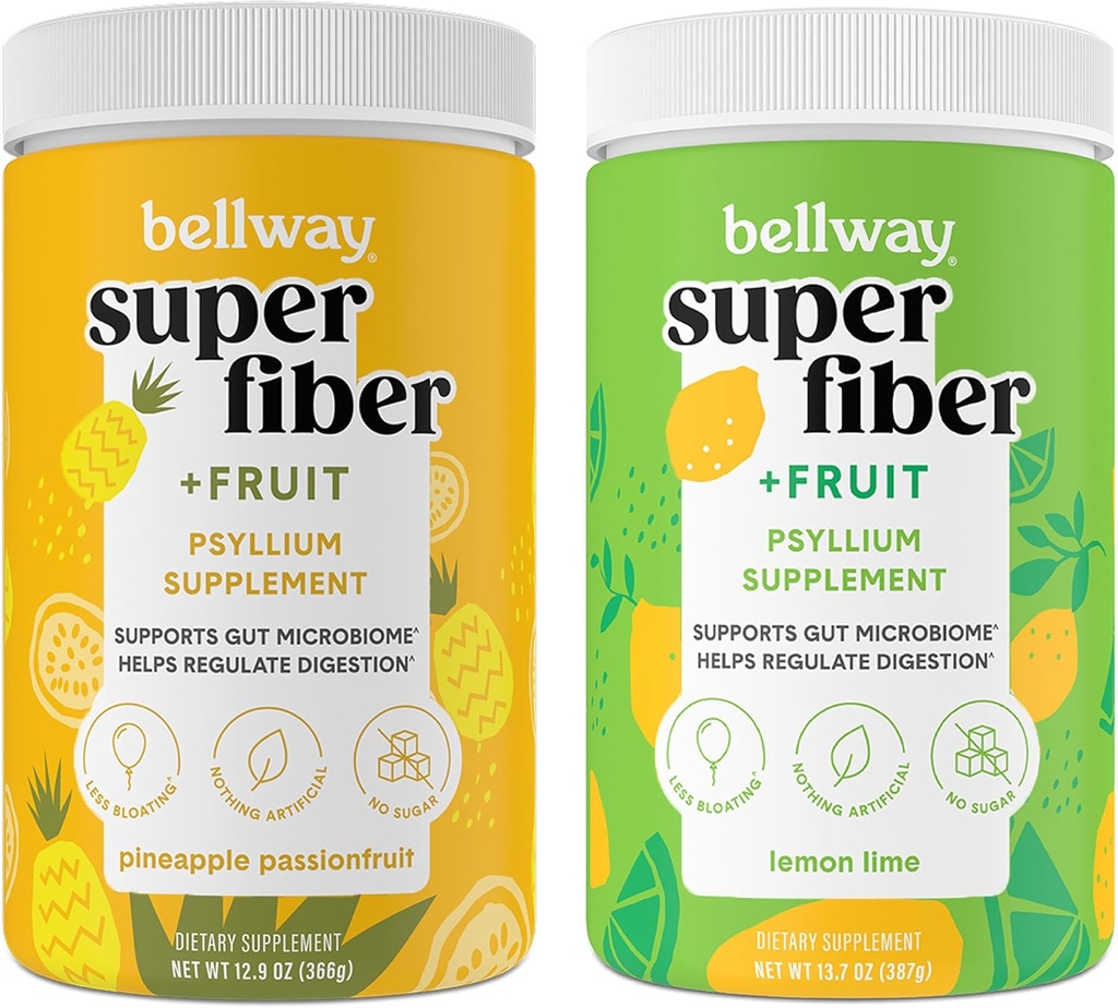 Bellway Super Fiber Powder + Sadje, brez sladkorja Organski Psyllium Husk Powder Fiber Dodatek za regularnost, Bloating Relief & Gut Health, Non-GMO, Ananas Passion Sadje in limona limona