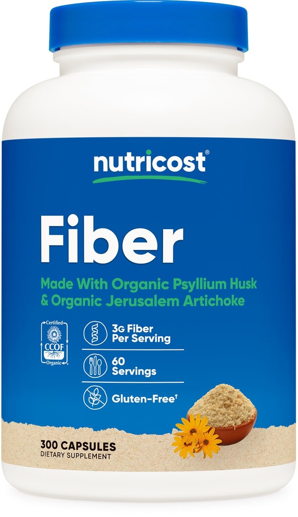 Nutricost Fiber Kapsule s prebiotično Fiber dodatek 300 Kapsule - narejene z organskim Psyllium Husk & Organic Jerusalem Artichoke, 60 Serving, Gluten Free, 3 G na služijo