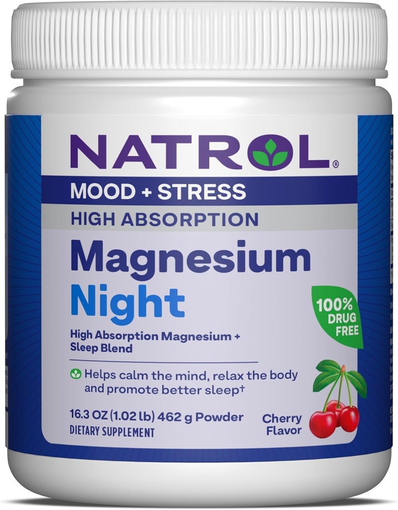 Natrol Magnezij Night 325 mg, visoka absorpcija Magnezij in spanje Mešanica za pomoč umiriti um, sprostite telo in spodbujanje boljšega spanja, 16,3 OZ češnjevo obarvanega prahu, Do 60 dni dobave
