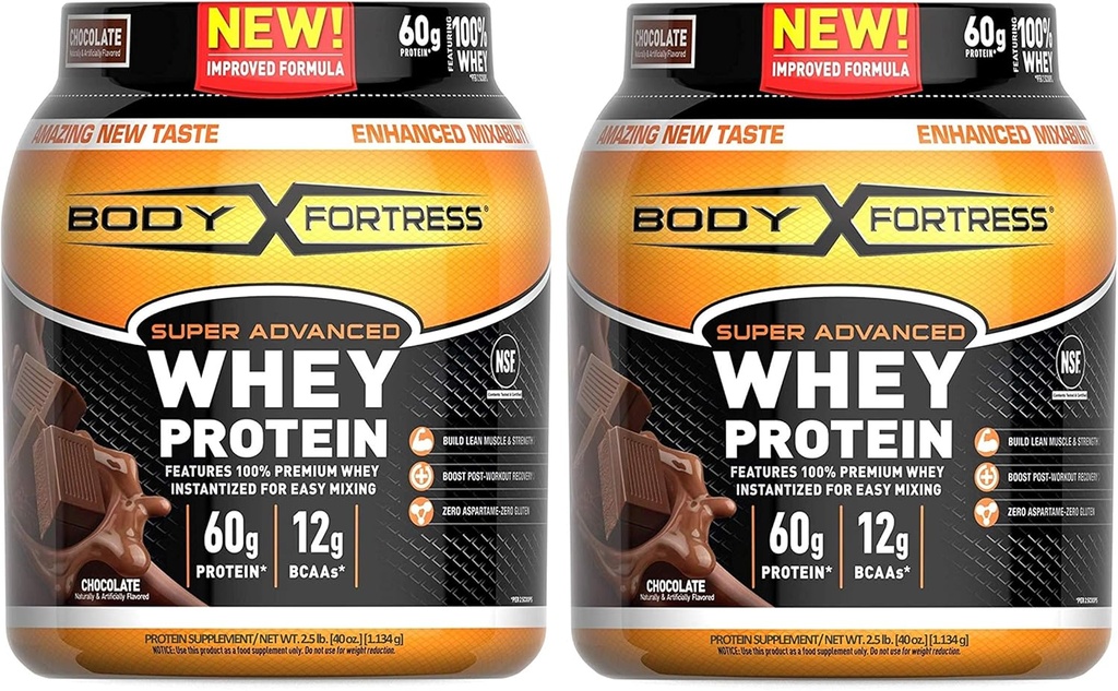 Body Fortress Super Advanced Whey Protein Powder, brez glutena, čokoladna aroma, 2 funta, pakiranje po 2