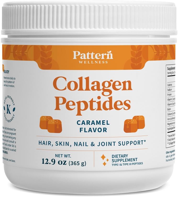 Vzorec Wellness Kolagen Peptides Powder (tip I & III) - Lasje, nohti, kožna in skupna podpora - Grass Fed & Pasture-Railed - hidroliziran, ne-GMO, Dairy Free, & Keto-friendly - Karamela (13 Oz)