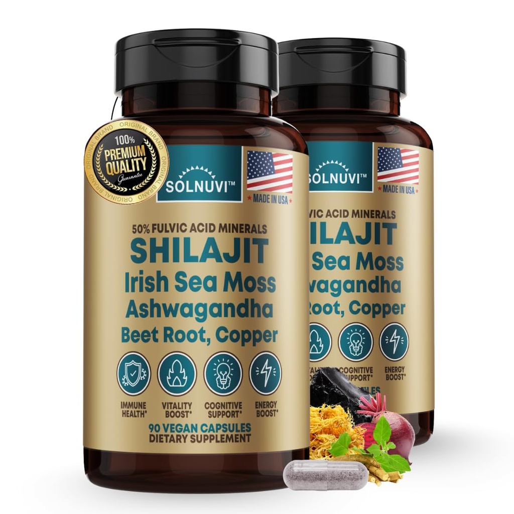 Shilajit Pure Himalajanske organske kapsule z irskim morskim Mossom, Ashwagandha, bakerom, korenom sladkorne pese - Fulvic Acid Trace Minerals Supplement za moške in ženske - 90 Count, Non-GMO, Gluten-free