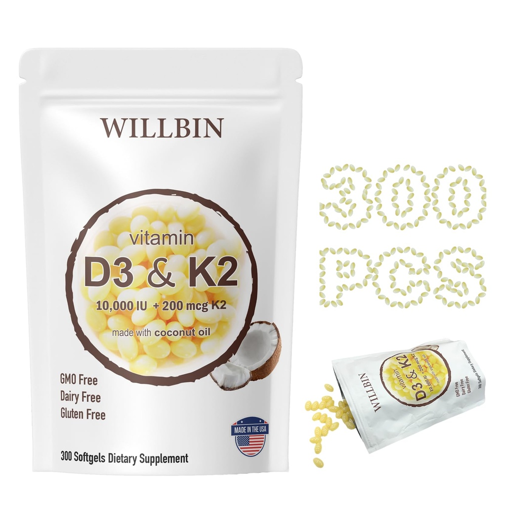 300 Pcs 2 v 1 Vitamin D3 10000 iu Plus K2 (MK-7) 200 μg, softgel kokosovega olja z vitamini D & K, podpira zdravje kosti, srca in imunskega sistema - enostavno požiranje in ne-GMO