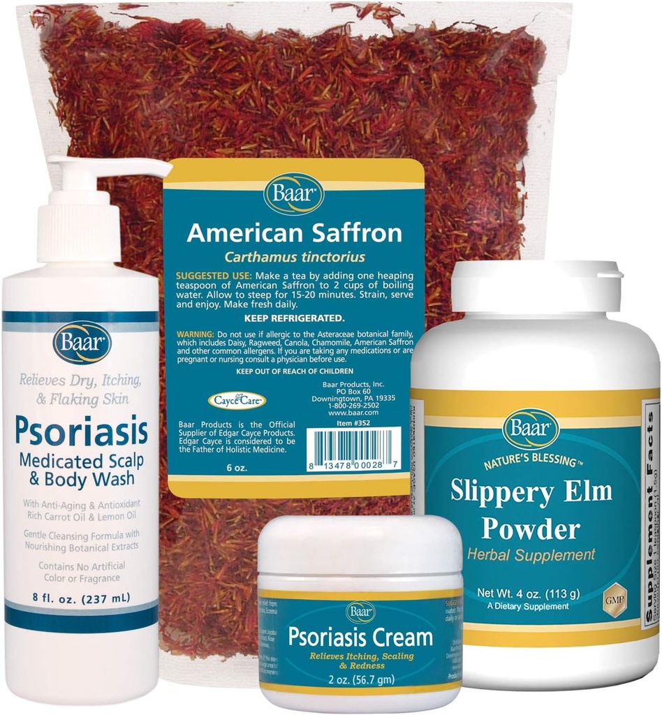 Psoriasis Care Kit - Vključuje ameriški žafran čaj, slippery Elm Bark Powder, Psoriasis Skalp in telo Wash, in Psoriasis Cream. 4 Predmeti Priporočeni v knjigi Zdravljenje psoriaze dr. John Pagano