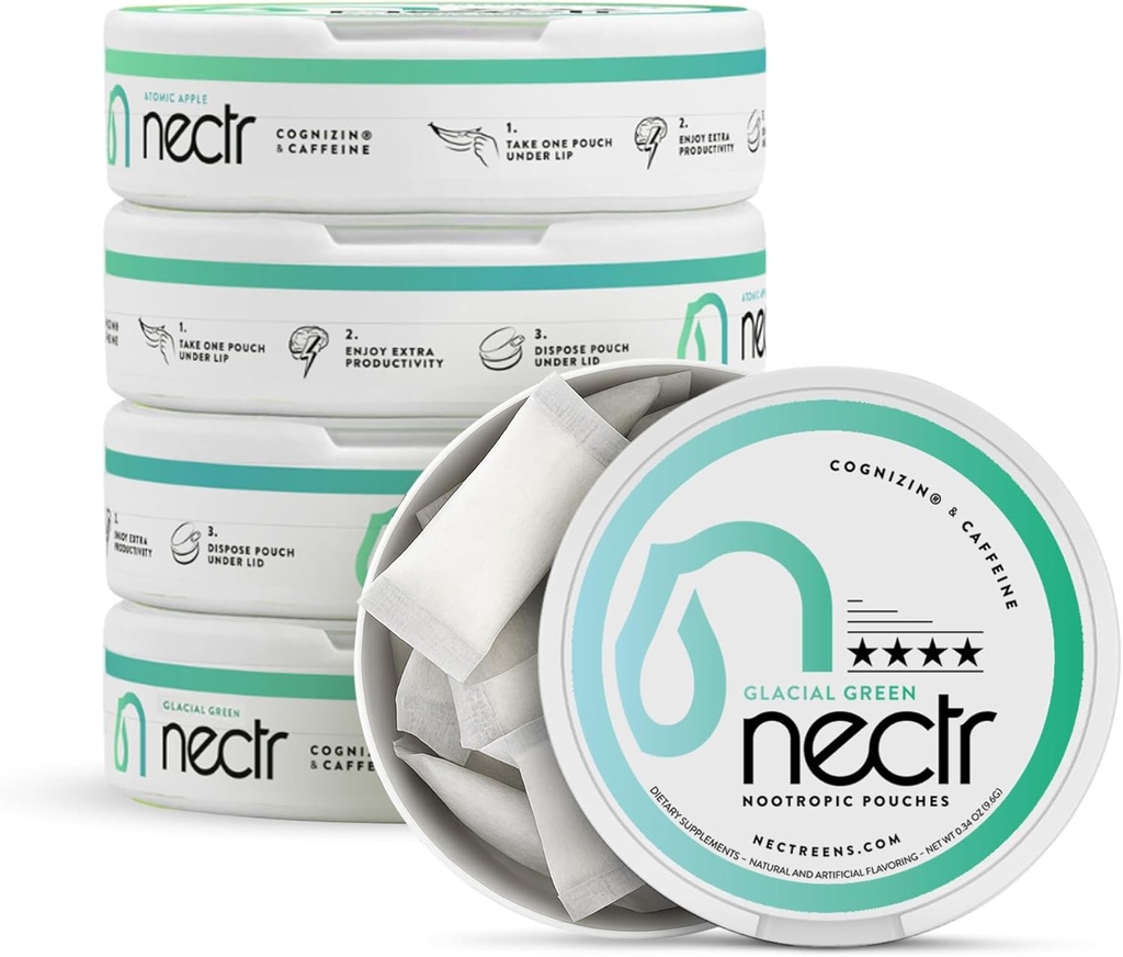 Nectr Energy Nootropic Pouches – Glacial Green Wintergreen Kofein Pouches s Cognizin® Citicoline. Sladkor brez možganov. Gladek, trajen dodatek za fokus in energijo - 5 Pucks of 16pcs