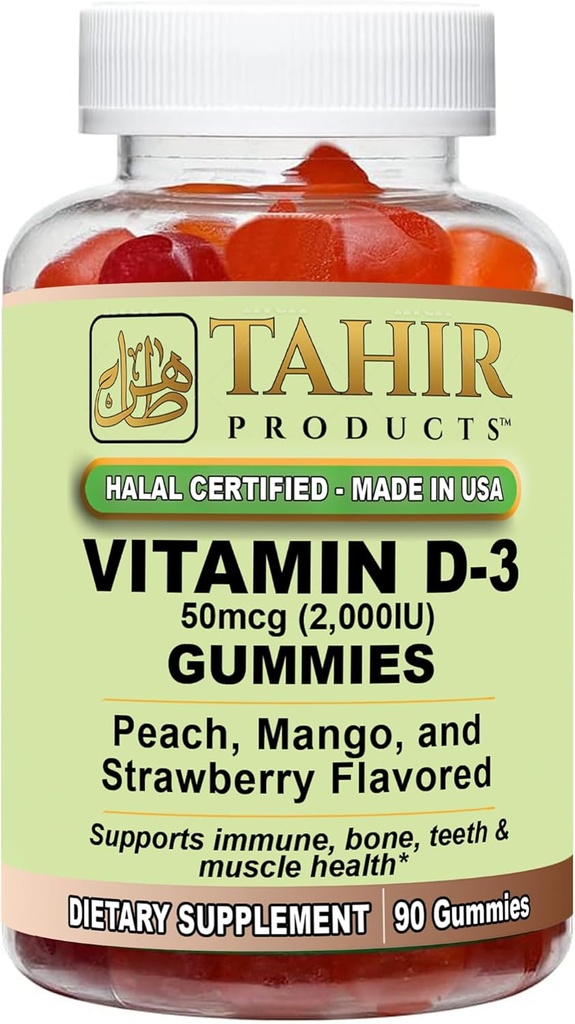Tahir Halal Vitamin D3 2000 IU Gumies – Podpira zdravje kosti in imunskega sistema, spodbuja delovanje mišic, Gluten-free, želatina-free, 90 Naravne arome sadja, Made in USA – Halal Certified