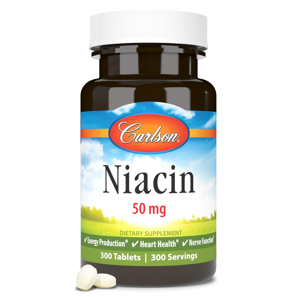 Carlson - Niacin 50 mg, podpira presnovo holesterola, proizvodnjo energije, zdravje srca, živčno funkcijo, 300 tablet