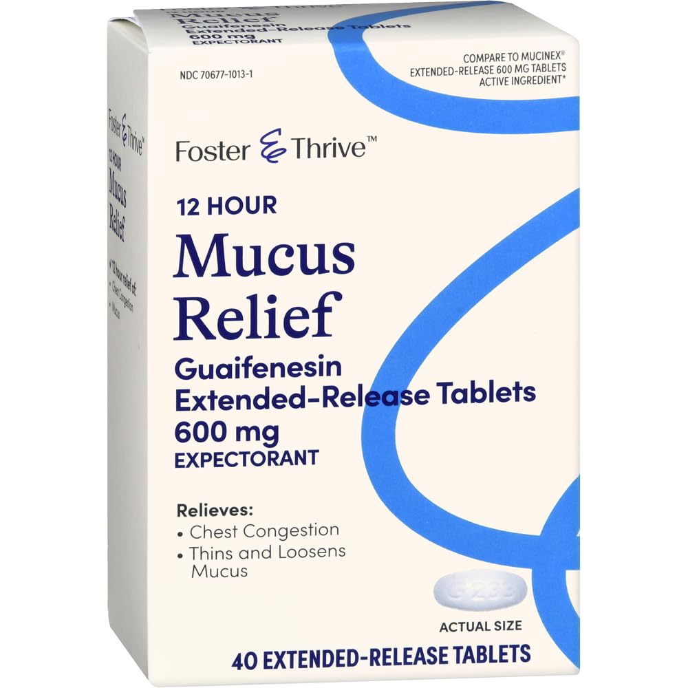 Foster & Trive Chest Congestion Sluza podaljšana sprostitev, 600 mg Guaifenesin Olajša zastoje v prsnem košu, ki jih povzroča prevelika sluz, (Primerjaj z Mucinex 12 ur razširjena sprostitev), 40 Tablete