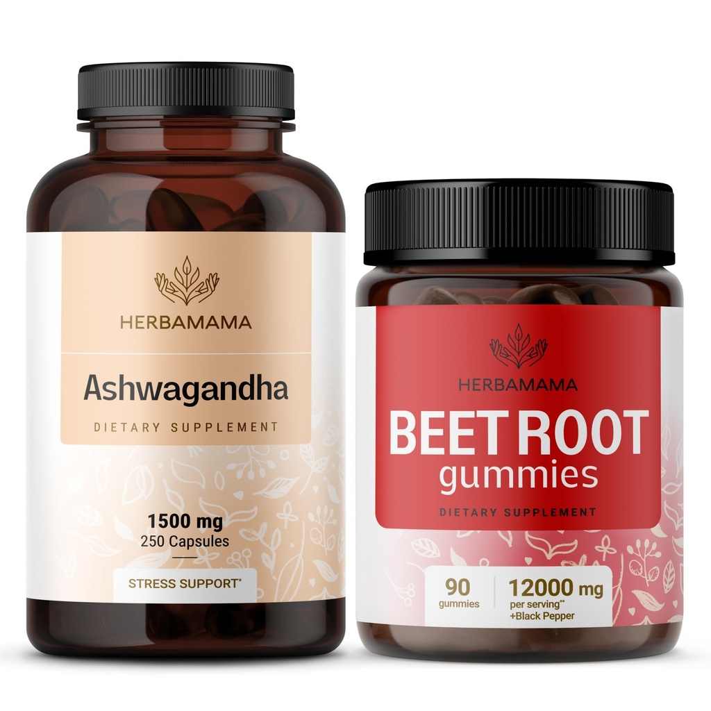 HERBAMA Ashwagandha in Beet Root Kit - paket 1500 mg Ashwagandha Root Kapsules & 1500 mg Beet Root Gummies - Vegan, Non-GMO, Gelatin-free - 2 paket
