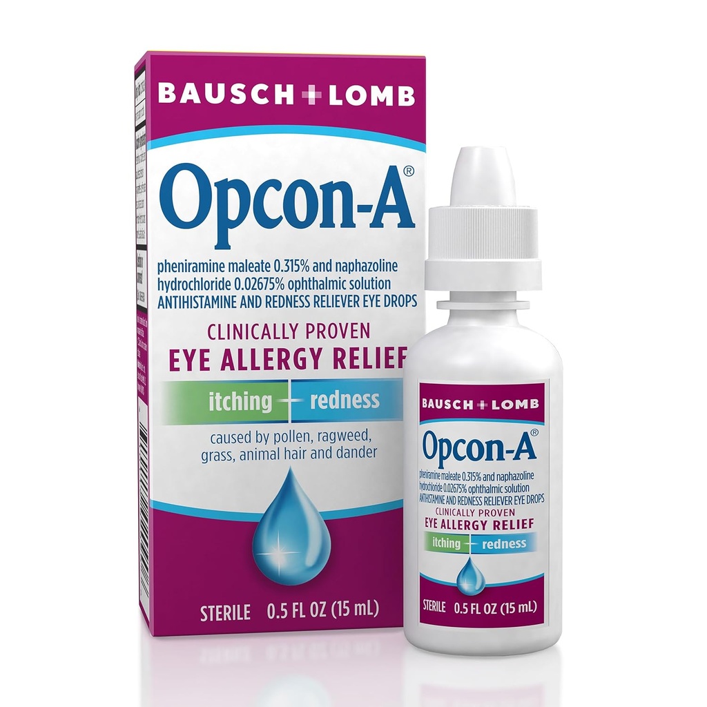 Opcon-A alergija kapljice za oči Bausch + Lomb, za srbečico in rdečino, rdeče in srbeče oči antihistaminske kapljice za oči, klinično dokazano zdravljenje, 0,5 Fl Oz
