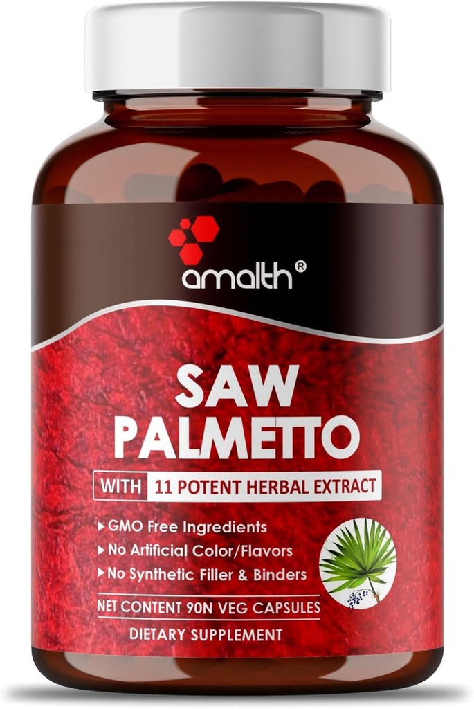 AMALTH Premium Saw Palmetto kapsula- Dodatna moč Oblikovana z Ashwagandha, Tribulus, Ginger, Maca, Sveti Basil in več Podpora naravne prostate, 90 Kapsula