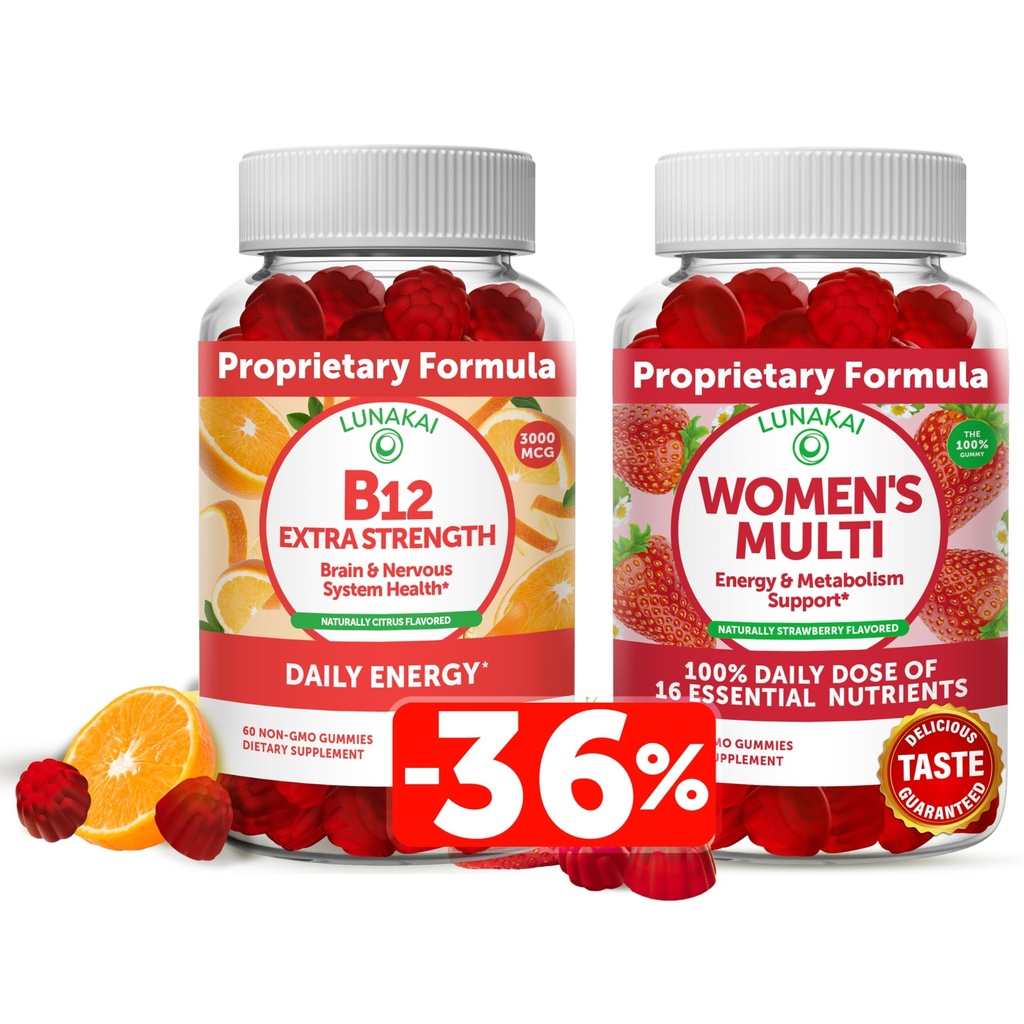 Lunakai Vitamin B12 in ženski multivitaminski gumijasti paket - Ne-GMO & Vegan dodatek za energetsko podporo in zdravje kosti - 100% dnevna vrednost 16 Esencialnih vitaminov in mineralov - 30 dni