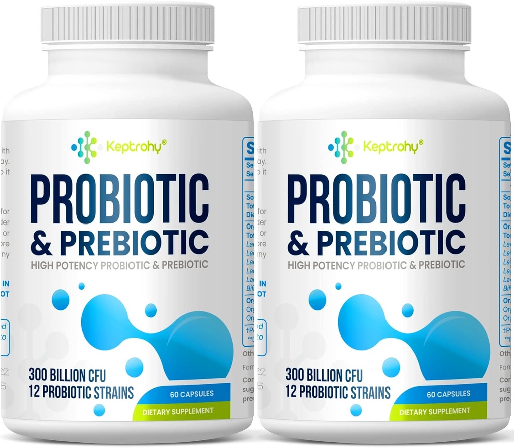 Probiotiki za ženske in moške, 300 milijard CFU probiotiki iz 12 sevov + organski prebiotiki Mešanica za dnevno digestivo, imuno, črevesje, napenjanje, črevesje zdravje za ženske in moške, povoj Stable - 120 kapsul