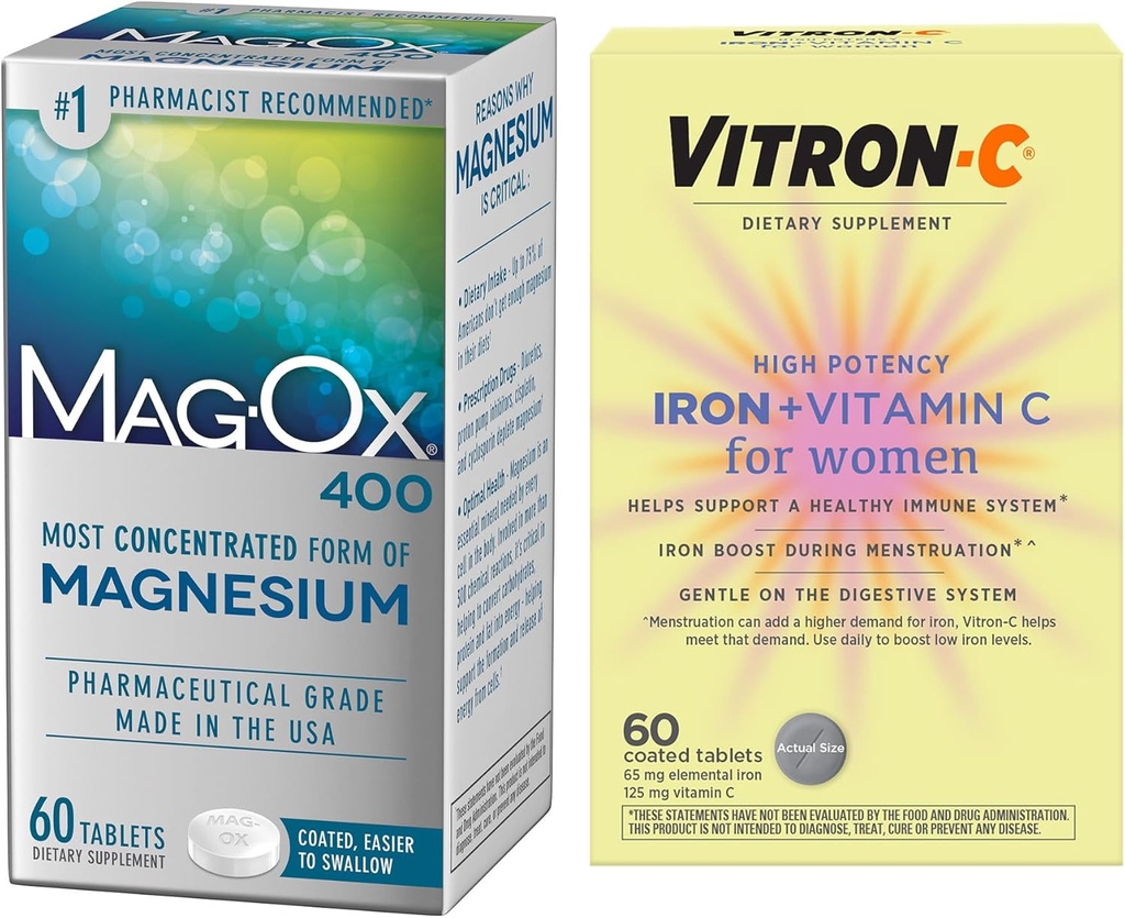 Vitron-C Visoka moč železa dodatek, Immunt Podpora 60ct in Mag-Ox 400 Magnezij Mineral dodatek 60ct