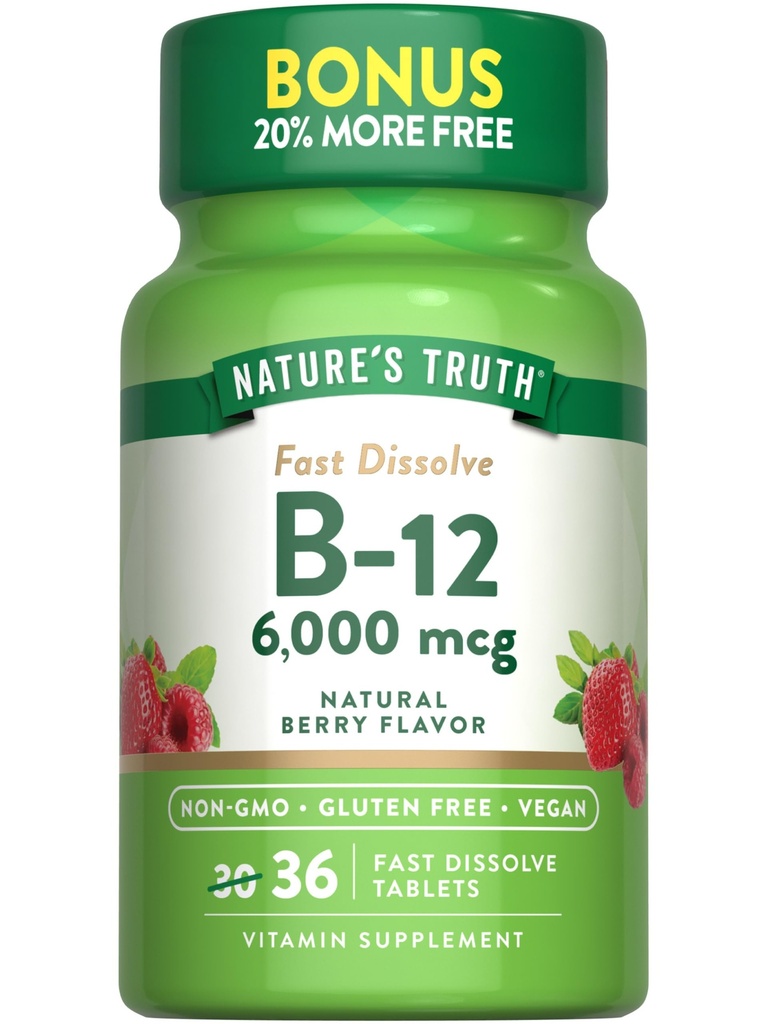 Nature's Truth B12 Vitamin 6000 mcg | Methylcobalamin | 36 Tablets | Fast Dissolve Natural Berry Flavor | Vegan, Non-GMO & Gluten Free