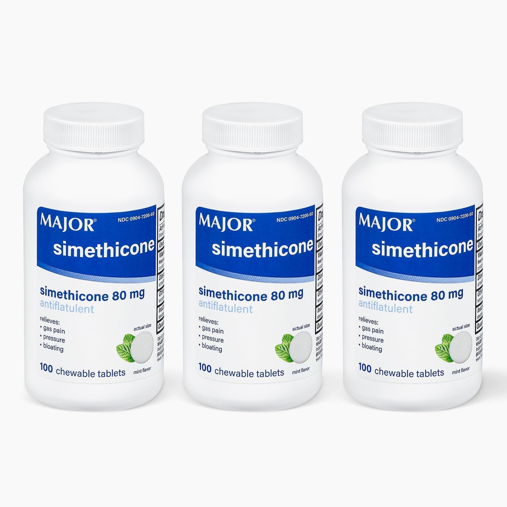 MAJOR Relief za plin Simeticone 80 mg - Proti napenjanje, napenjanje in plinski tlak - 100 žvečljivih tablet (3 pakiranja)