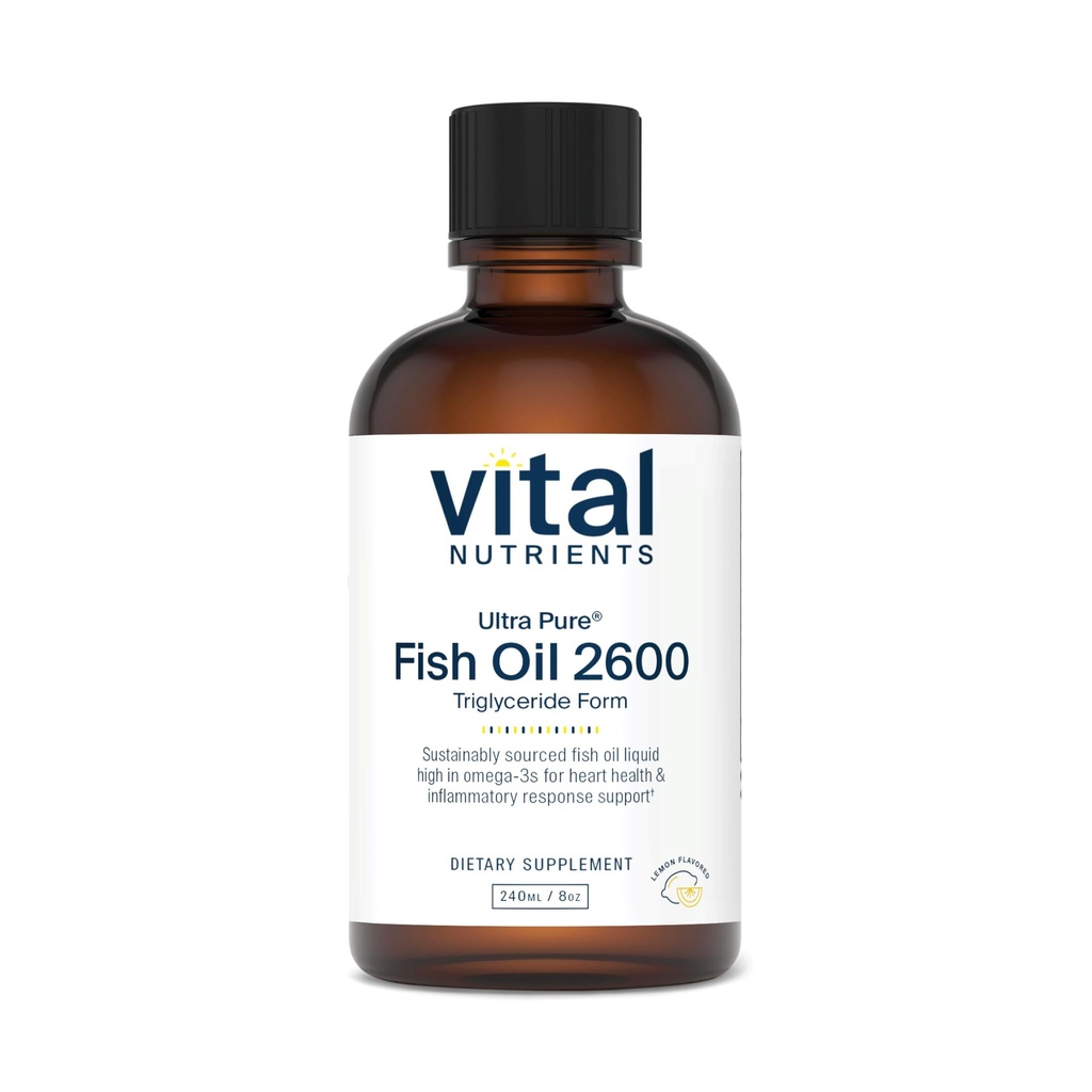 Vital Nutrients - Ultra Pure Fish Oil 2600 (Farmacevtska stopnja) - Hi-Potencial Deep Sea Liquid Fish Oil, Kardiovaskularna podpora, Naravna limonina aroma - 8 Fl Oz na steklenico
