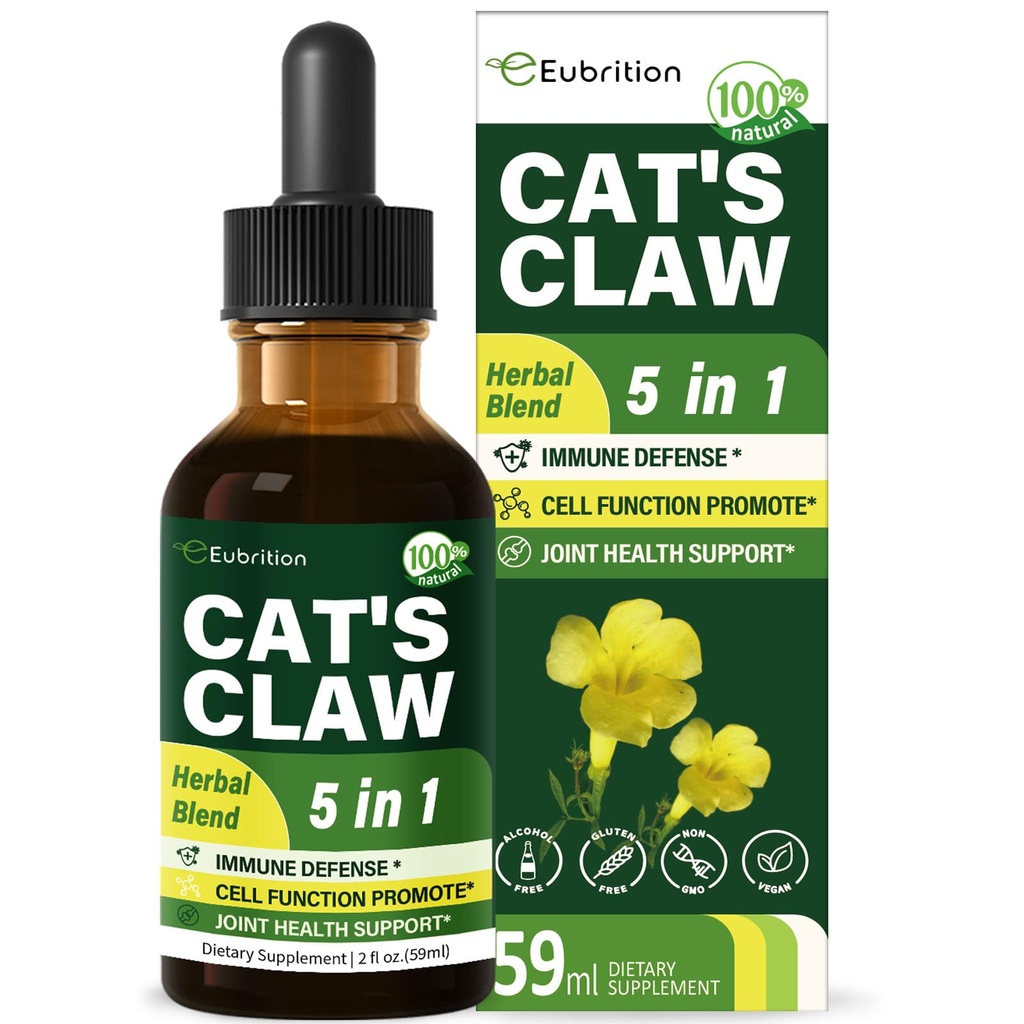 Cat's Claw zelišče (Uña de Gato) Imunska podpora tekoče kapljice, 5-v-1 Zeliščni dodatek z Echinacea & Elderberry Extract, Alkohol brez tinkture za Immunity Boost, Joint & Bone Health. 2 oz