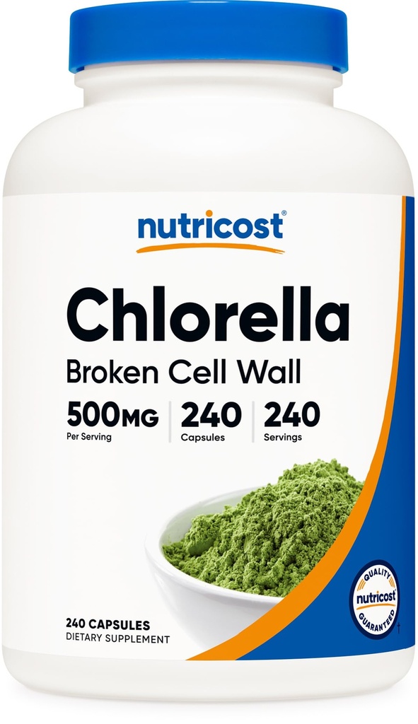 Nutricost Klorella Kapsule 500 mg, 240 Vegetarijanske kapsule - brez glutena in brez glutena