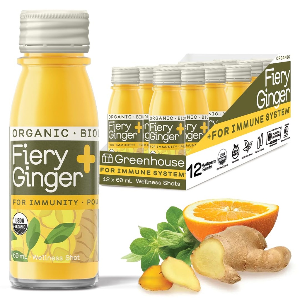 Greenhouse Juice Organic Fiery ingver Wellness Shots 12 Count 60ml steklene steklenice, Vegan & Gluten-free