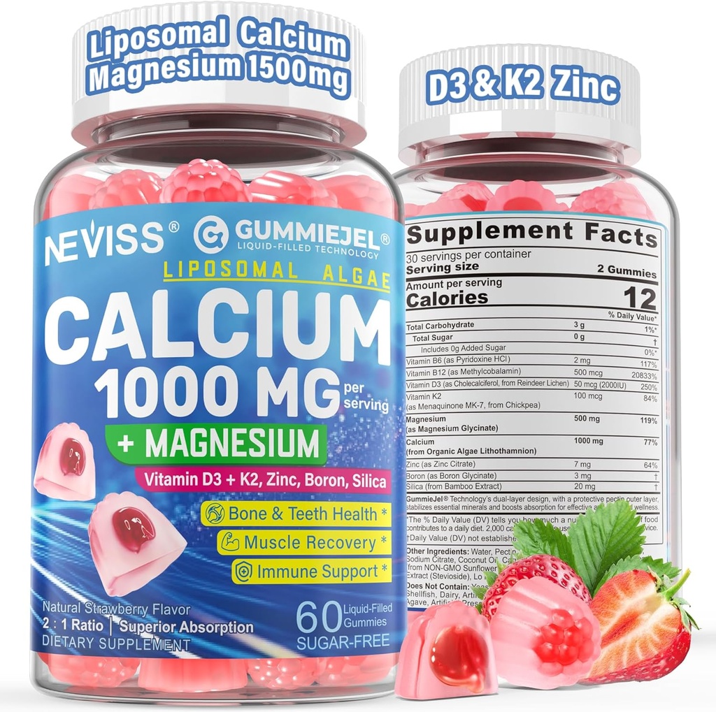 Kalcijevi dodatki za ženske, moški - liposomski kalcij 1000mg z vitaminom D3 K2, magnezijev glicinat, cink, boron, silika za zdravje kosti - brez sladkorja kalcij magnezijev cink Gumies, Vegan, 60 Število