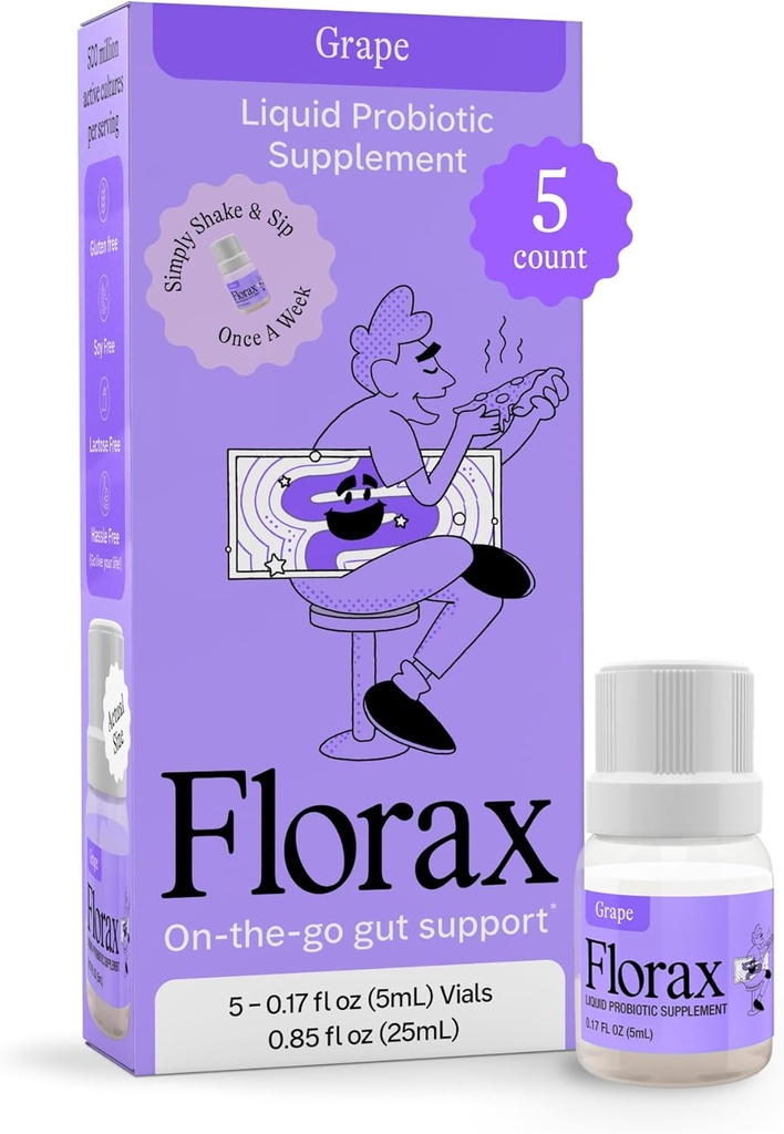 Florax - Tekoči probiotik - Go Gut Podpora za ženske, moške in otroke - Vegan, Gluten prost, Laktoza brezplačno, soja brezplačno in konzervirano brezplačno - okus grozdja - 5 Viale