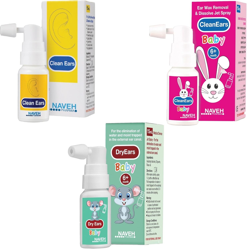 NAVEH PHARMA CleanEars 0.5 Fl Oz+ NAVEH PHARMA SUHE Ears Baby 0.5 FL OZ + NAVEH PHARMA Otic Guard Baby 0.5 Fl Oz
