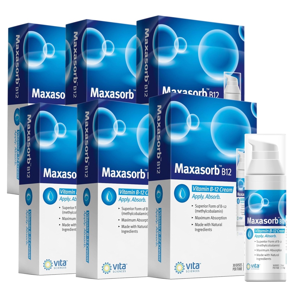 Vita Sciences Maxasorb B12 Vitamin B-12 Krema 1000 mcg: Močan topični metilkobalamin za energijo, zdravje in glowing kožo - pakiranje po 6