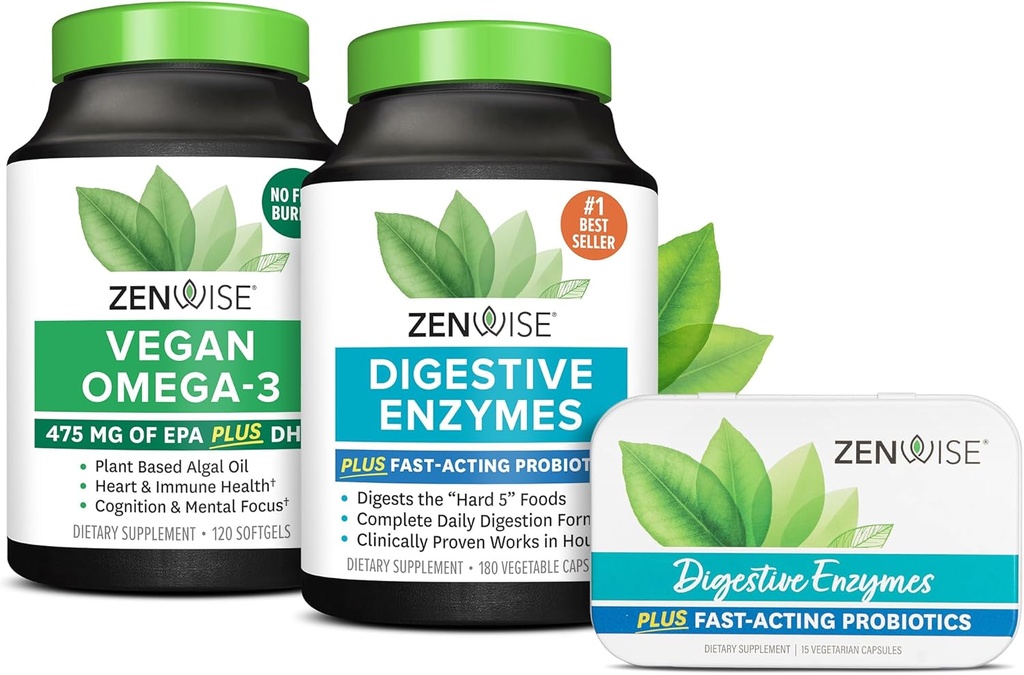 Zenwise zdravje Prebavne encime Vegan Omega in brezplačno potovanje Tin