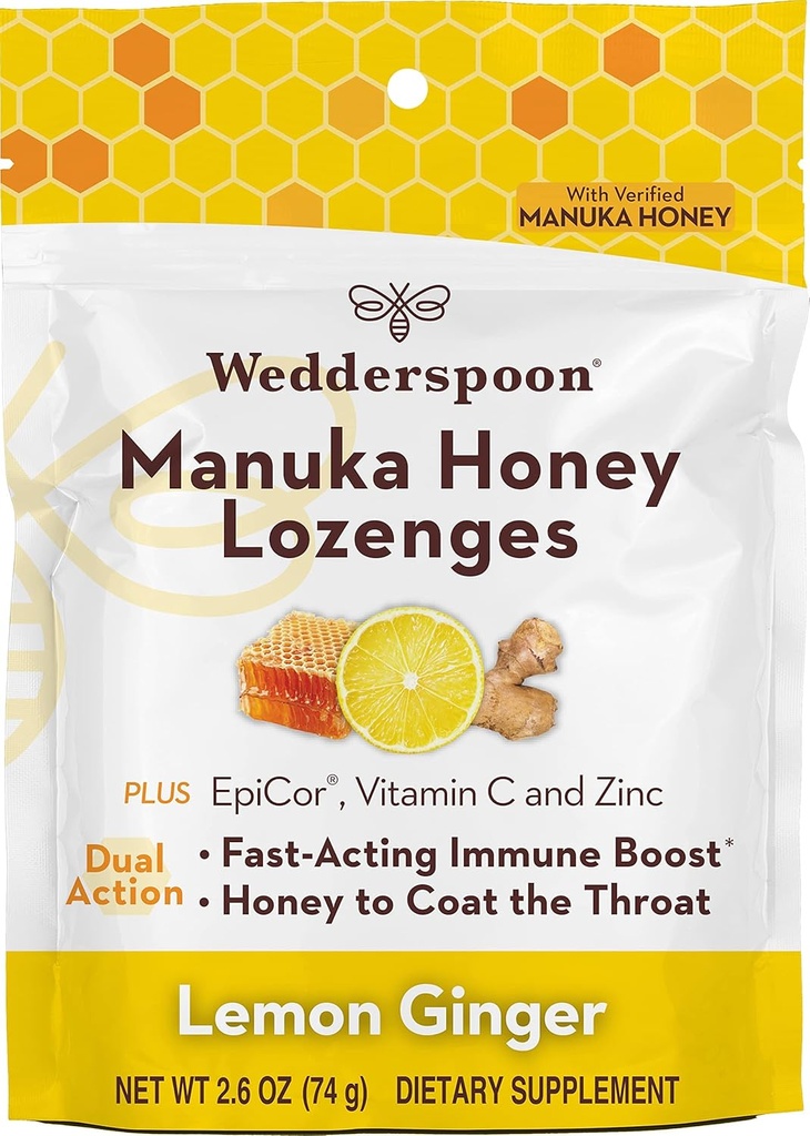 Wedderspoon Manuka Medena Immuniteta Lozenges, Lemon Ginger, 2.6 Oz (Pack of 1), Prava Nova Zelandija Med, povečanje imunitete v dveh urah