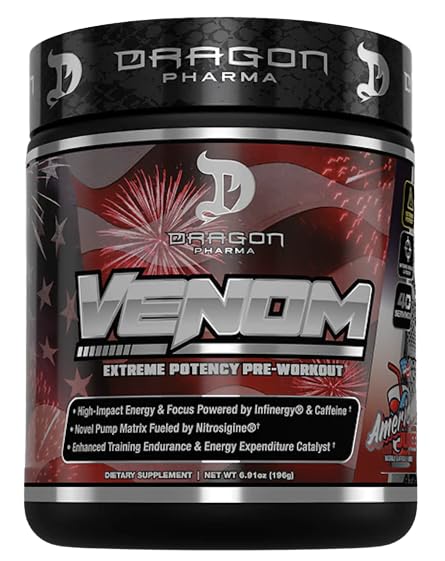 DRAGON PHARMA Venom Extreme Potency Pre-World, Laser Sharp Focus + Energija, intenzivna zmogljivost, Provansne sestavine za izboljšano vazodilatacijo in vzdržljivost (40 Serving, American Juice)