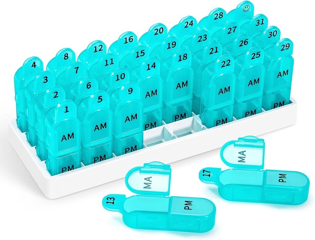 Zoksi Mesečni tablete Organizator 2 krat na dan, 30 Day Pill Box Organizator Am Pm, Dnevne tablete Primer z 32 Velikih delov za vsak dan, Prenosne potovalne tablete vsebnik za vitamine in zdravila (Cyan)