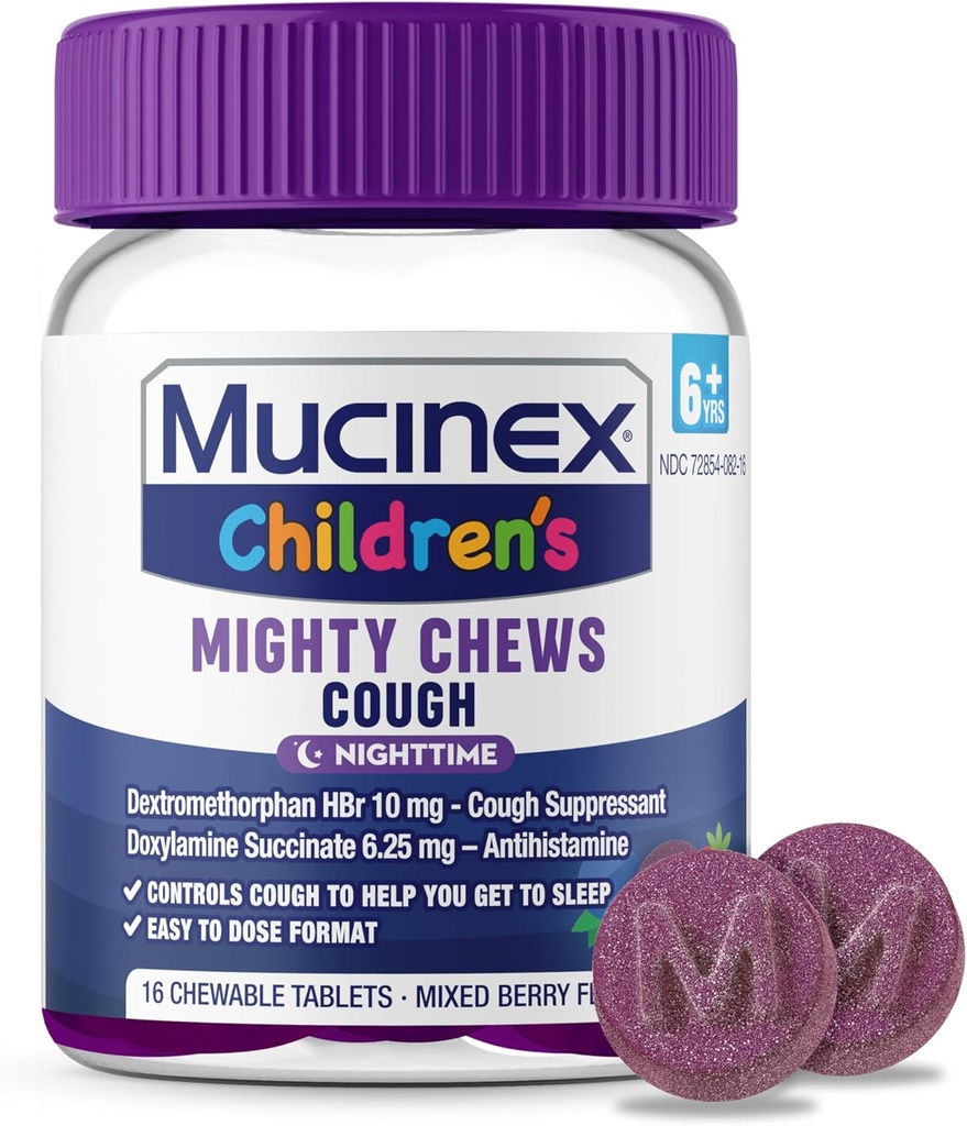 Mucinex Mogočni žveči Otroci nočni kašelj Medicina, Enostaven za dozo kašelj Supresiven z dekstrometorfan, Otroci Potovanja Medicina za kašelj, Mešana Berry aroma, 16 Medicated žvečljive tablete