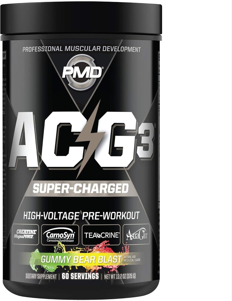 PMD Sports ACG3 Superpolnjen - Pred treningom - Močna moč, visoka energija, povečanje miselnega fokusa, zdržljivost in Optimalna vaja Performans za moške in ženske - Gummy Bear Blast (60 strežajev)