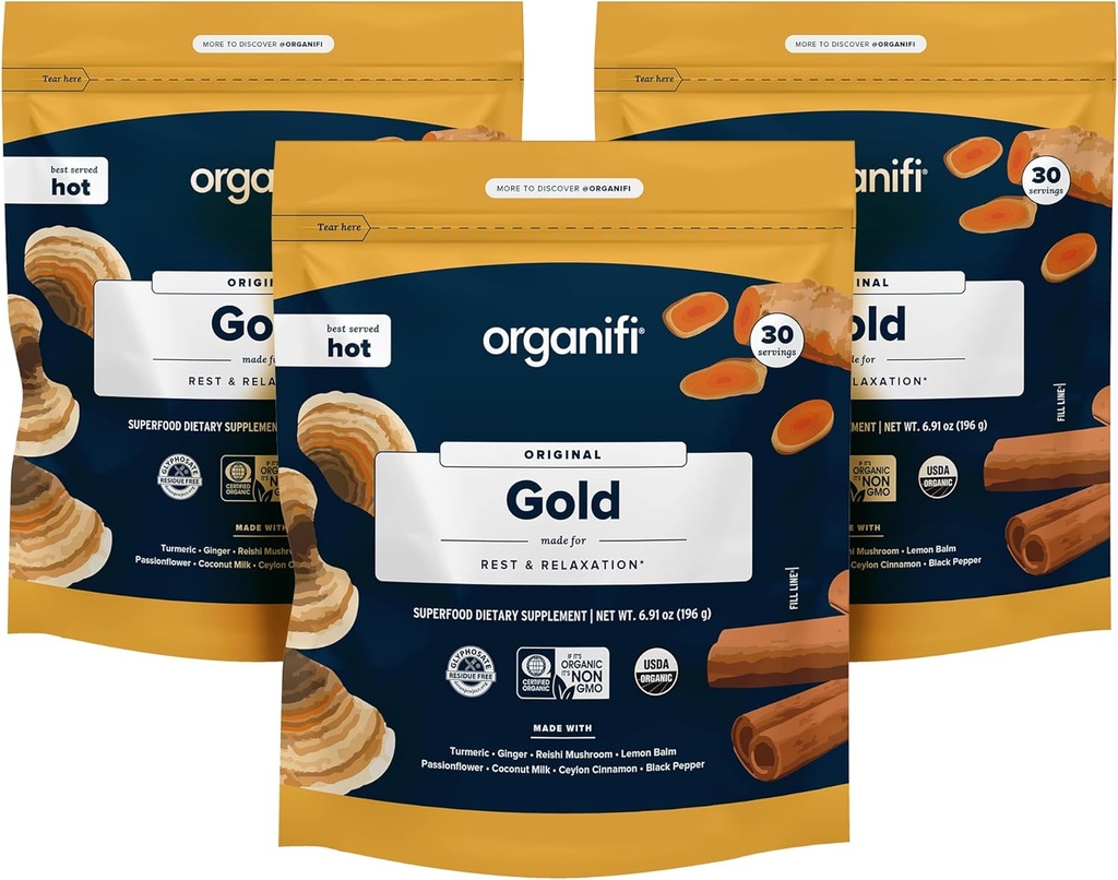 Organifi: Gold - Superfood Supplement Powder- 90 Servingi (3 paket) - Stresna podpora, boljši počitek, sprostitev in spodbuja nemirno spanje - Kurkurji in Reishi Infused