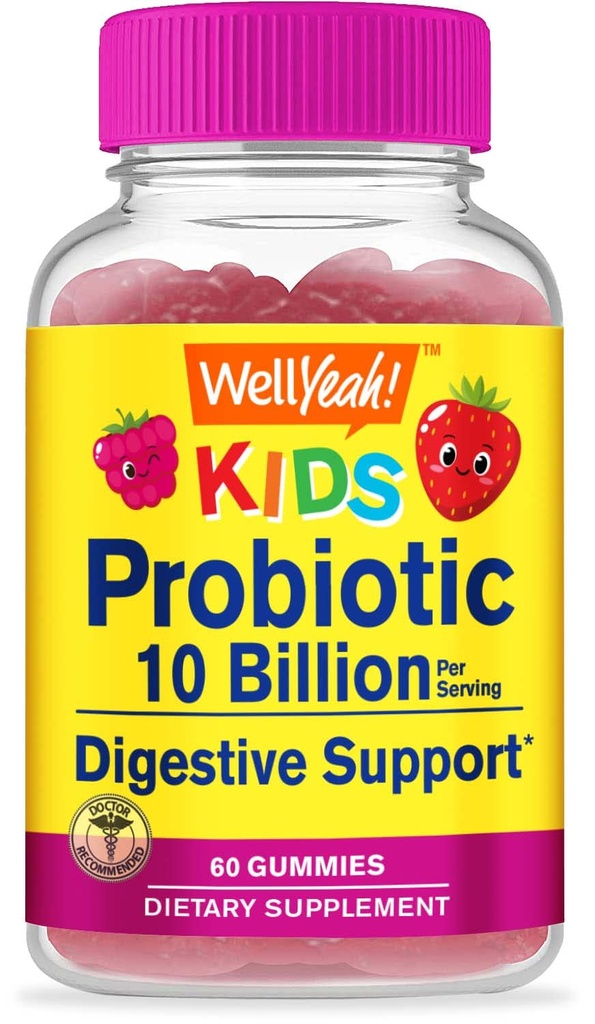 WellYeahe Probiotiki za otroke Gumiji -10 milijard CFU - za zdravje Gut, Imunsko zdravje in prebavna podpora - Berry Flavor Žvečljiva dopolnilo - Vegan, Non GSO, Gluten Free Kids Probiotic -60 Gumies