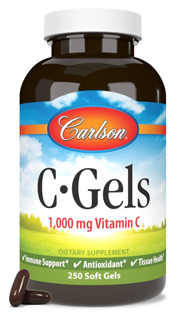 Carlson - C-Gels, 1000mg, Vitamin C Softgels, Imunska podpora in zdravje srca, Vitamin C Softgels, Antioksidant, Vitamin C dodatek, 250 Softgels