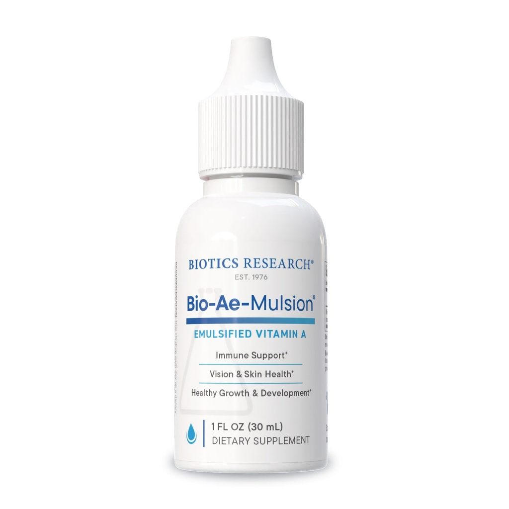 Biotics Research Bio Ae Mulsion i.e. emulgirani vitamin A za večji vnos in uporabo, koncentrirana oblika, spodbuja imunski odziv, pomaga pri vizualni akuiteti, podpira kardiovaskularni 1 fluidne ounce