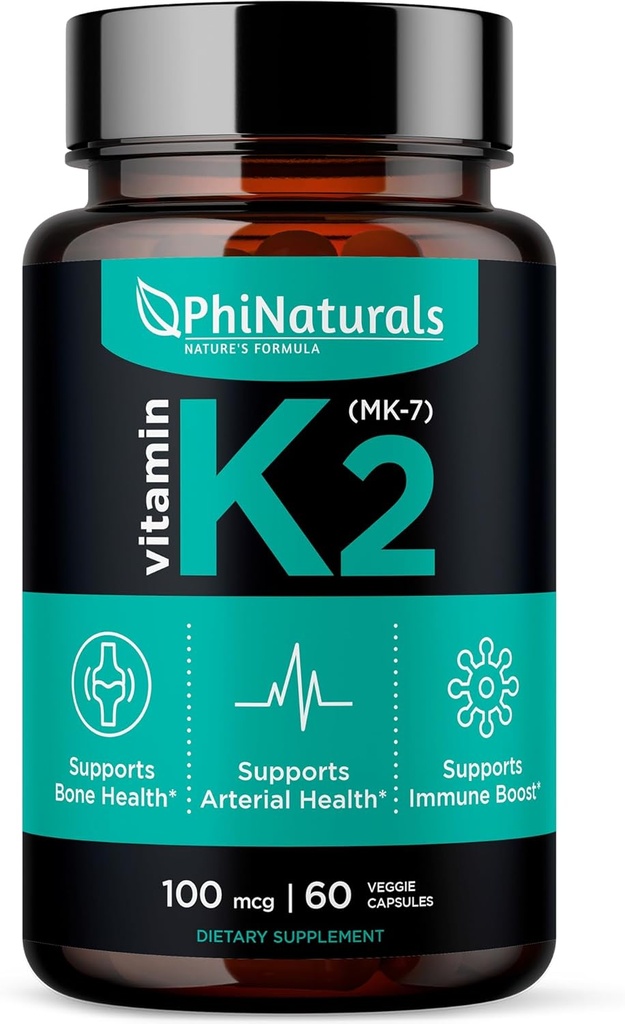 PhiNaturals Vitamin K2 Mk7 100 μg Vegan 60 Kapsule Zdravje kosti srca Srčnožilne arterije - VIT k-2 MK-7 100mcg Dopolnilo iz Natto