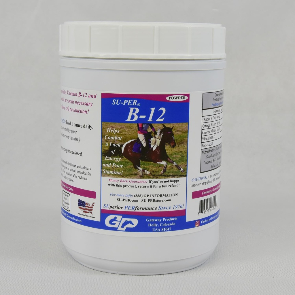 SU-PER B12 za konje - Equine Vitamini B-12 & B-9 Folna kislina podpora v prahu - Energy Horse dodatek - 2,5 funta, (2 paketa)