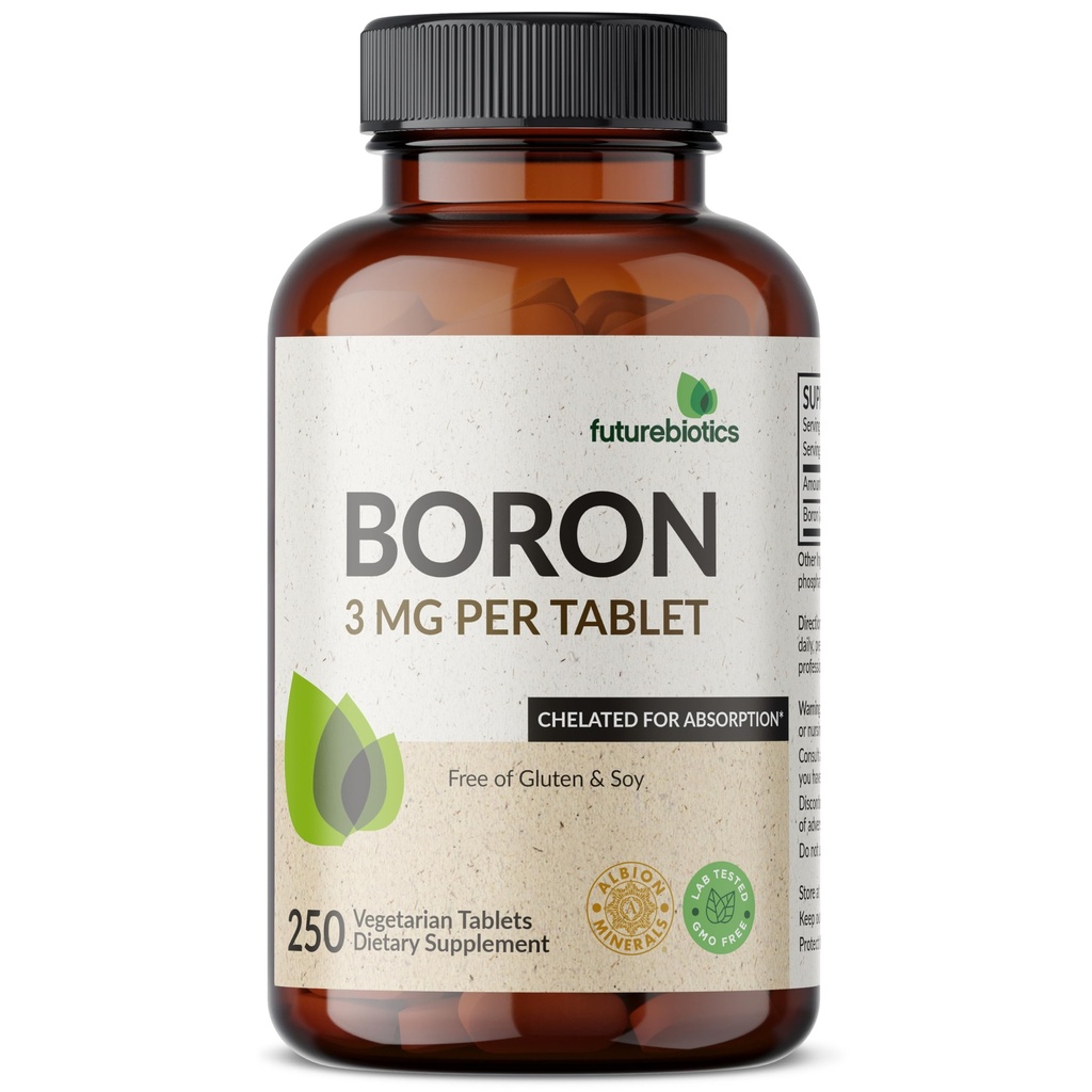Futurebiotiki Boron 3 mg, vegetarijanci, ne- GMO, kelirani za absorpcijo, 250 tablet